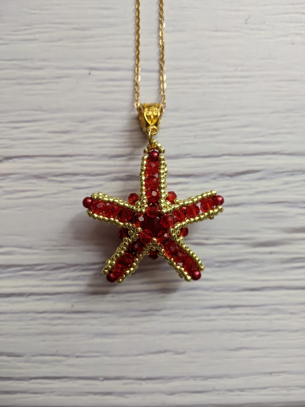 Gold Starfish Pendant Necklace with Red Crystal Accents - Women Jewelry
